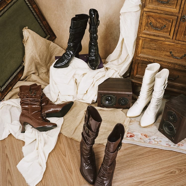 Light Brown 7.5cm Stacked High-Heel Slip-On Boots with Collapsible Shaft & Ornate Clasps - Dita Lolita Shoes