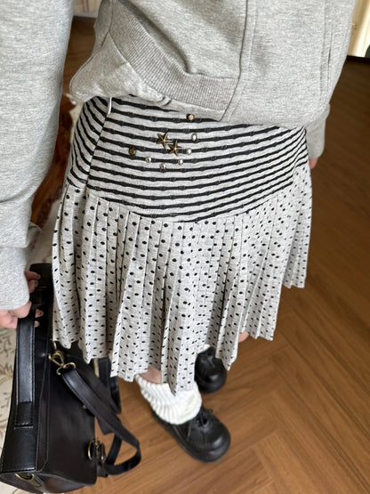 A-line Embroidery Skirt with Striped Short Polka-dot Knit