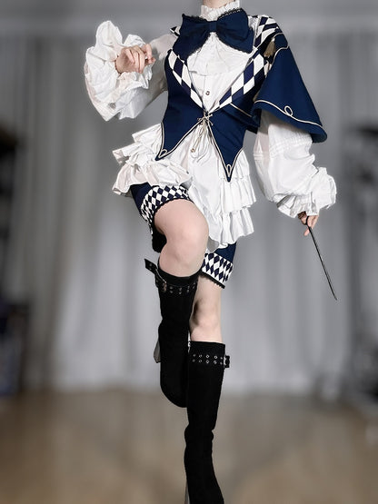 Blue Circus with Vibes Diamond Lolita Pattern Waistcoat Ouji Notched One-Shoulder Dark Collar Cape