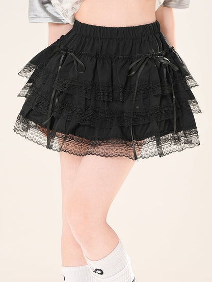 Tiered Accents Bow Stretch and - Lace Black Regular/Thicken Skirt Waist