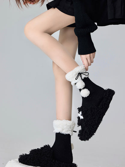 Lolita Fleece Cuff Knitted Socks With Pompons