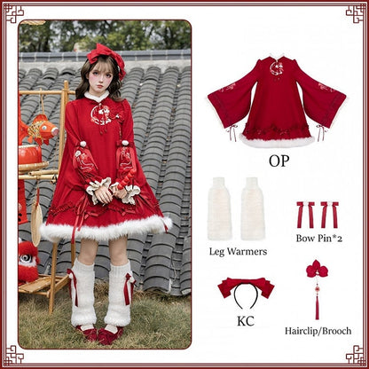 Pins Embroidery Bow OP Brooch Leg + KC Red Floral Lolita Warmers Han