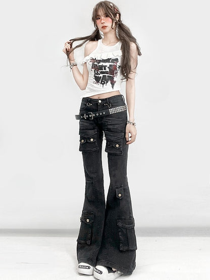 Silhouette Jeans With Multiple Pocket Accents Waist Flare Low Black Glamorous Bittersweet Kawaii
