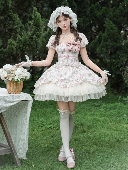 Lolita Kurze Version Blumendruck Elastischer quadratischer Kleidausschnitt Klassisch