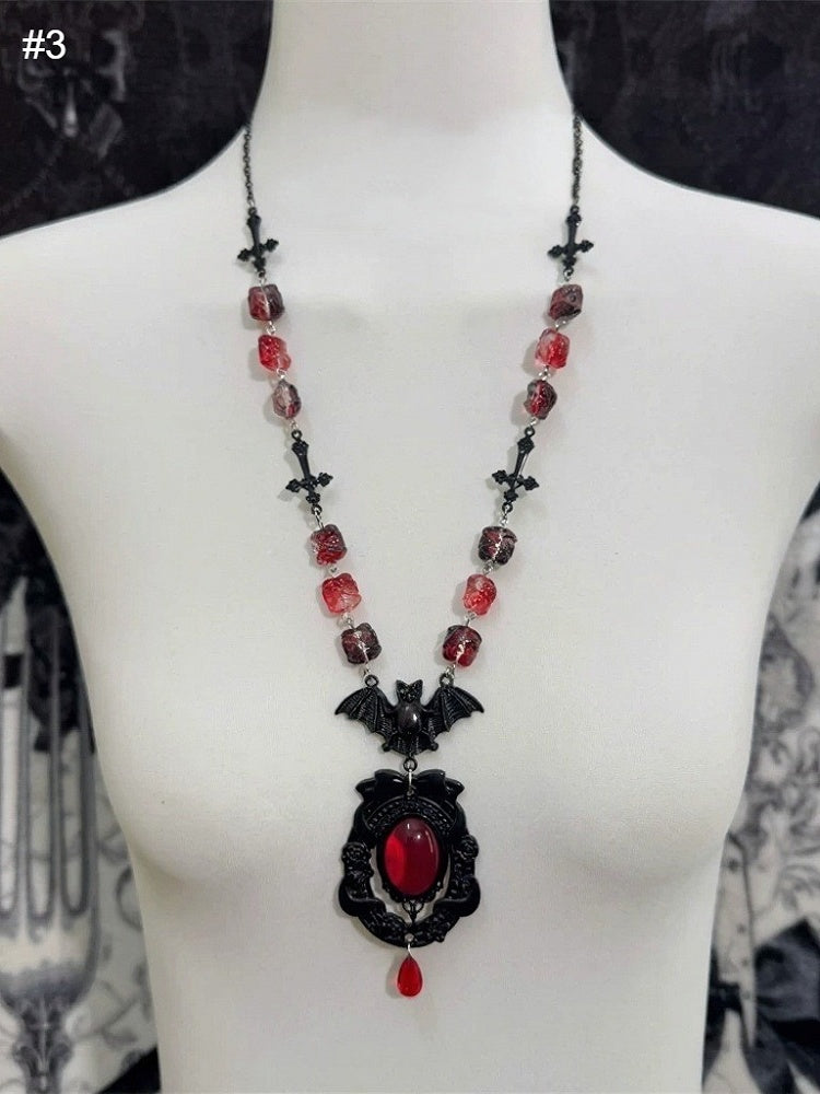 Red Rhinestone Gothic Necklace with Bat and Cross Pendant - Boobi Shop