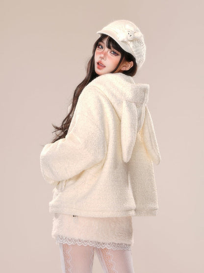 アプリコットのウサギの耳のデザインの厚手フード付きコート