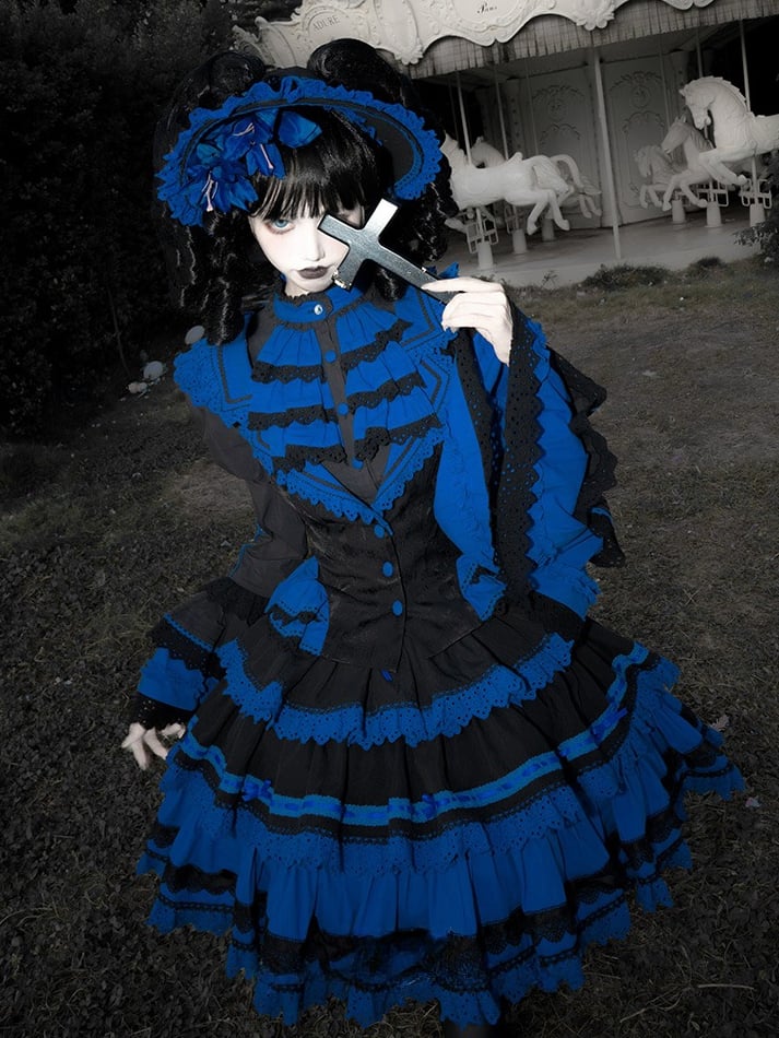 Weste Rock Gothic und Shirt + Ärmel Lolita High Waist Blau Schwarz Glocke - Set Klein