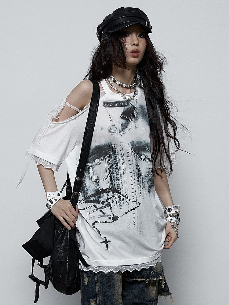 Lace-Trimmed Shoulder with Print Black Denim Lace-Up T-shirt Punk Detail White