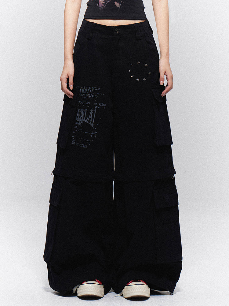 Cargo Vintage + Wide-Leg with Text Print Star Black Pants