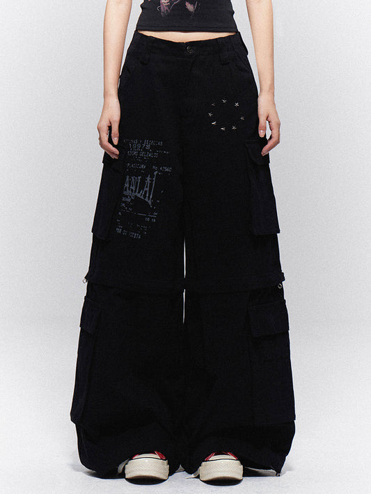 Cargo Vintage + Wide-Leg with Text Print Star Black Pants