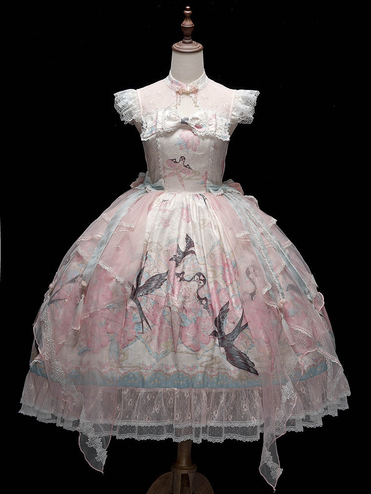 Pink Lace Qipao Collar Chinoiserie Lolita OP Dress with Swallow and Peach Blossom Print - Dream Magic Box