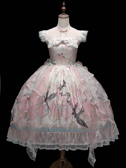 Pink Lace Qipao Collar Chinoiserie Lolita OP Dress with Swallow and Peach Blossom Print - Dream Magic Box