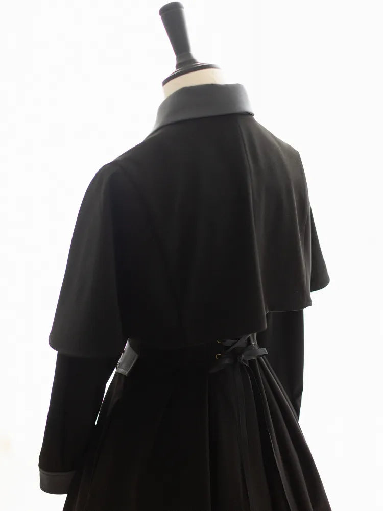 Black Design Fashion Placket Retro Buttons Dress Elegant Cape Detachable Front Bronze-tone