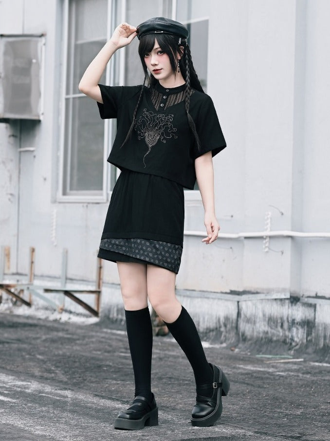 Gothic Black Asymmetrical Layered Skirt with Shell Print - Quirky Hut