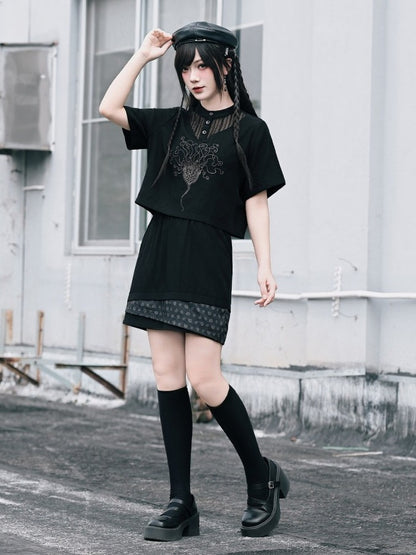 Gothic Black Asymmetrical Layered Skirt with Shell Print - Quirky Hut