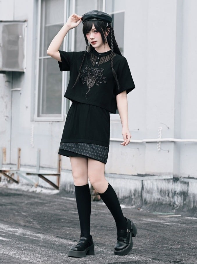 Gothic Asymmetric Layered Patch Skirt with Shell Motif - Quirky Hut