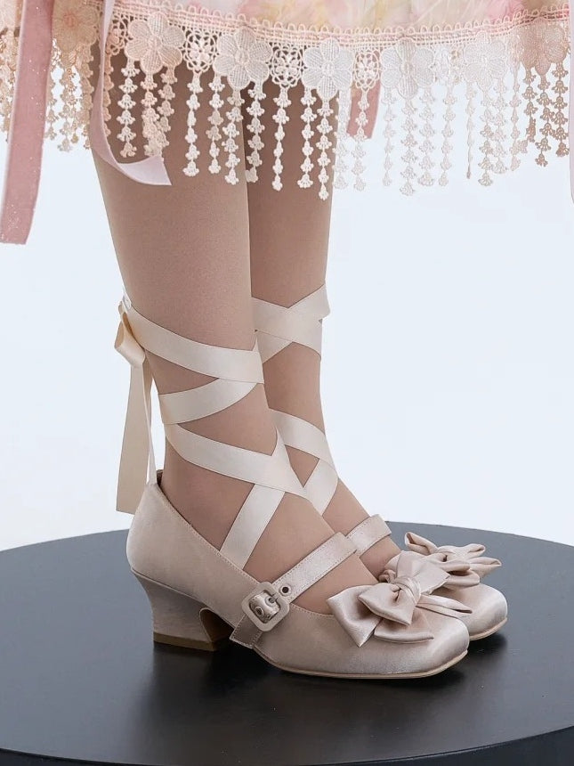 Toe - Ankle Square Top Janes Bow Mary Lolitacore Satin at Lace-up Beige
