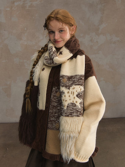 Brown Scarf Whimsical Beige Swallow and with Patchwork Knit Horse Patterns