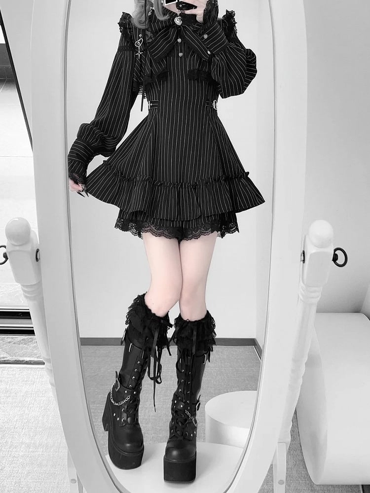 Tie Ruffled Matching Kei Striped Set Dress Jirai Long-Sleeve Bow Lace Shorts Black +