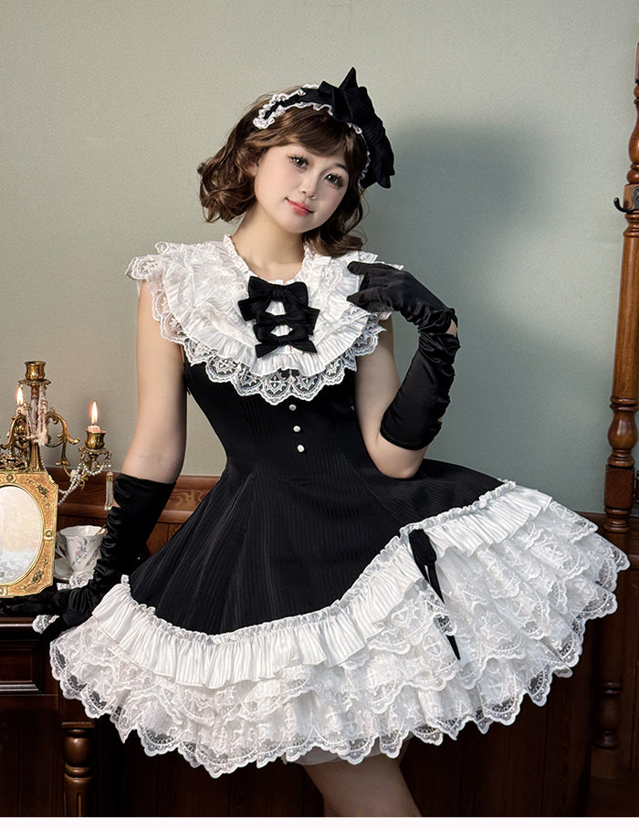 Black Neck Dress White Lolita Ruffle Fit Hem Striped Waist Layered with Sleeveless Fabric Slim and