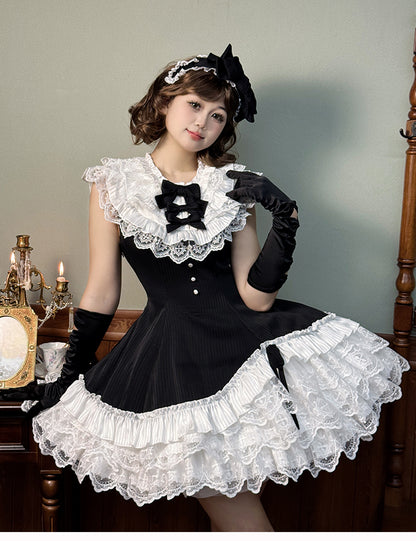 Black Neck Dress White Lolita Ruffle Fit Hem Striped Waist Layered with Sleeveless Fabric Slim and