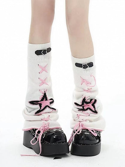Star Leg White/Black/Pink Buckles Lace-up Warmers Knitted