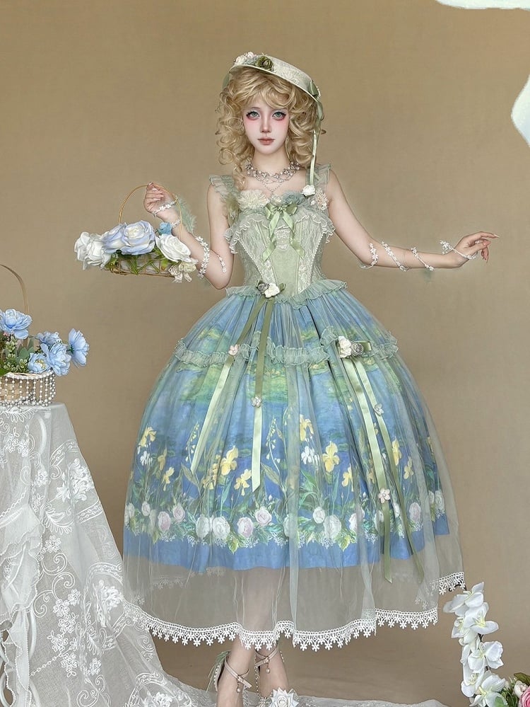 Elegant Green Oil Painting Print Lolita Jumper Skirt Dress with Bustier-Style Boned Bodice - Haw Berry