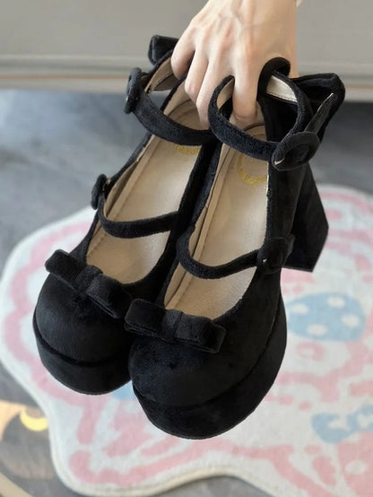 Classic Platforms Bowknot Details High Buckle Lolita Velvet with Black Block Ring Heels Design