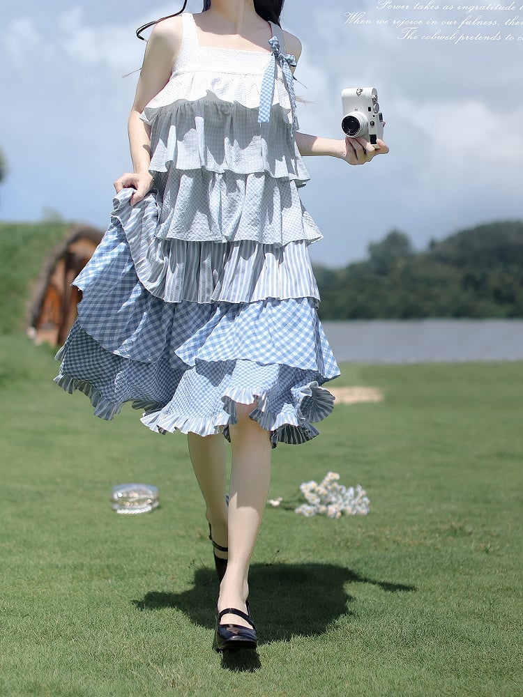 Blue with Patchwork Holiday Waist Sleeveless Dress Tiered Skirt Belt