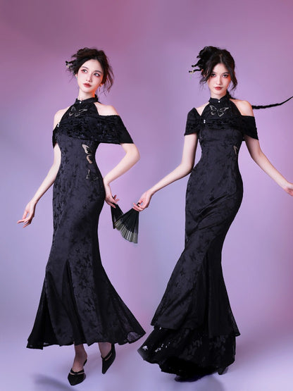 Classic Cheongsam Fish Tail Long Dress with Butterfly Cutout & Jacquard - sijinstudio