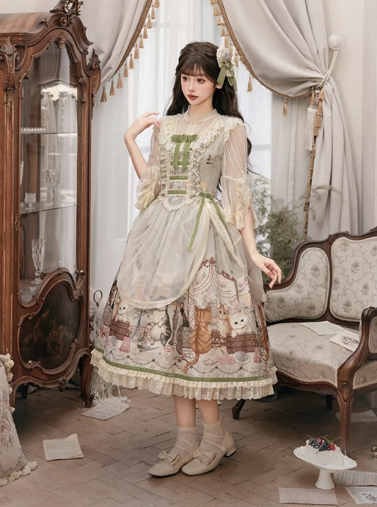 Green Cat Print Lace Ruffles Sweet Lolita JSK Dress with Drawstring Overlay - NyaNya