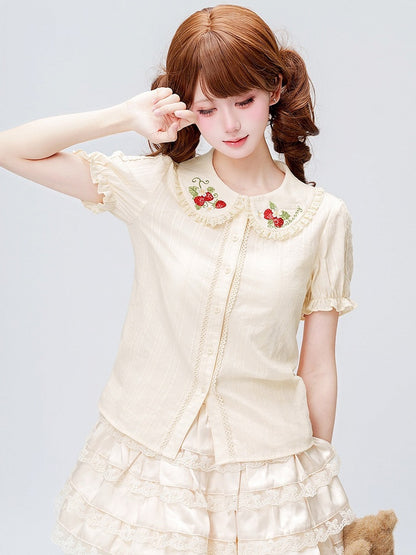 Cream Short Sleeve Lolita Blouse with Red Strawberry Embroidery Collar - Dream Magic Box