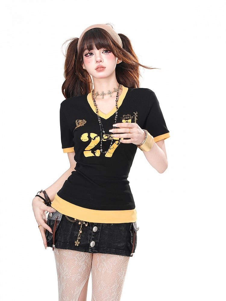 Print V-Neck Number Black Bow Slim Core T-Shirt Blokette with