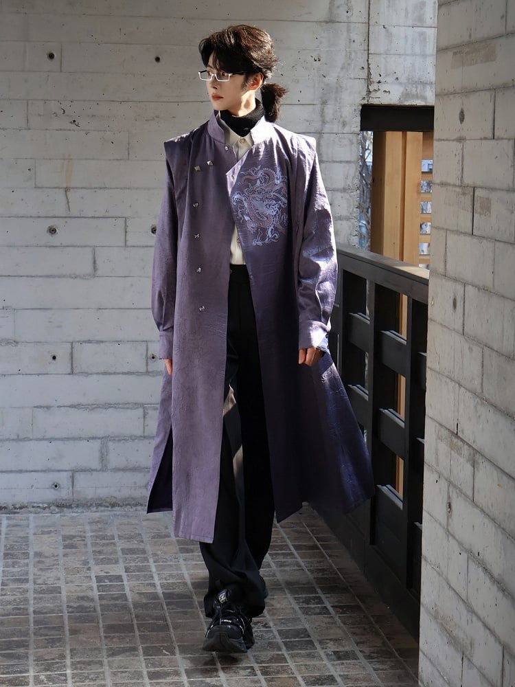 Purple Trench Coat with Dragon Embroidery, Mandarin Collar & Removable Tassel Detail - Feng Hua Gui Guo Ling