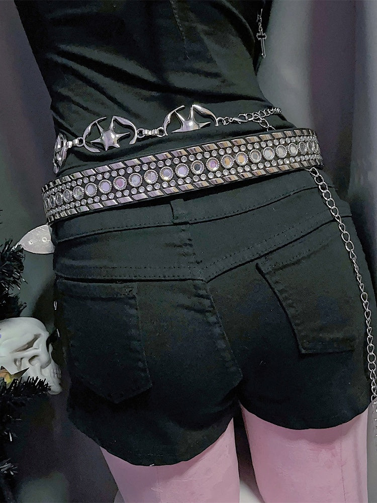 Punk Details Studs Waist Belt Decorated Rhinestone Black/White