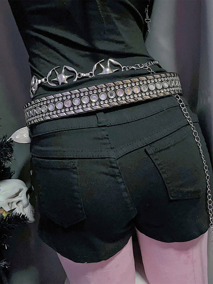 Punk Details Studs Waist Belt Decorated Rhinestone Black/White