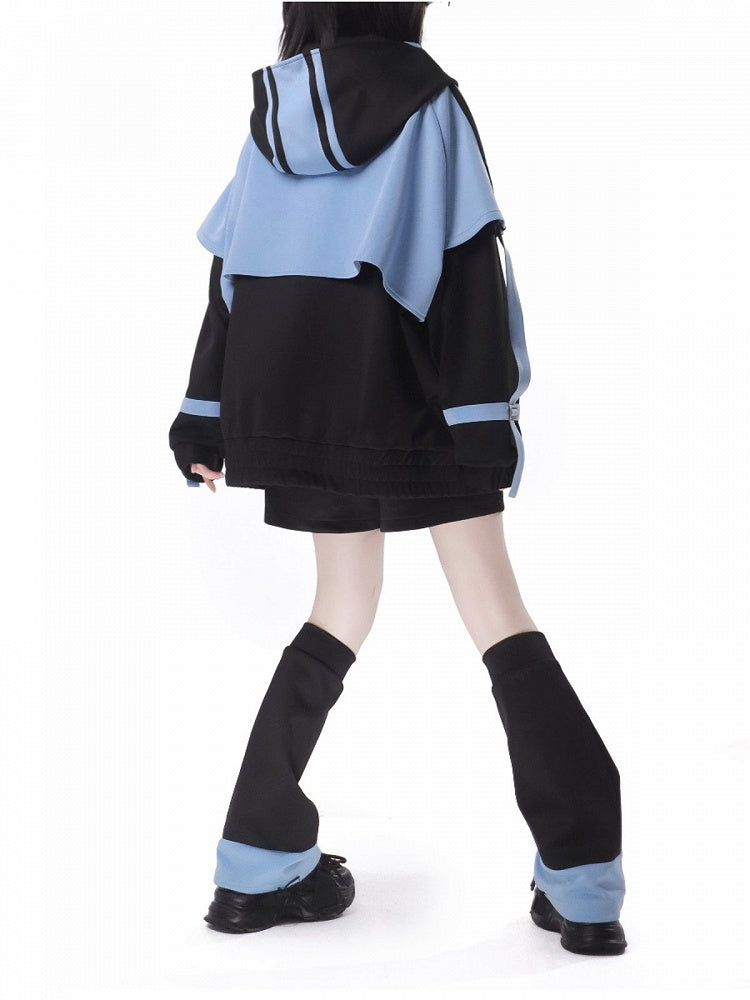 and Kei Sweatershirt Front Black Blue Up Long Sleeves Jirai Zip Jacket