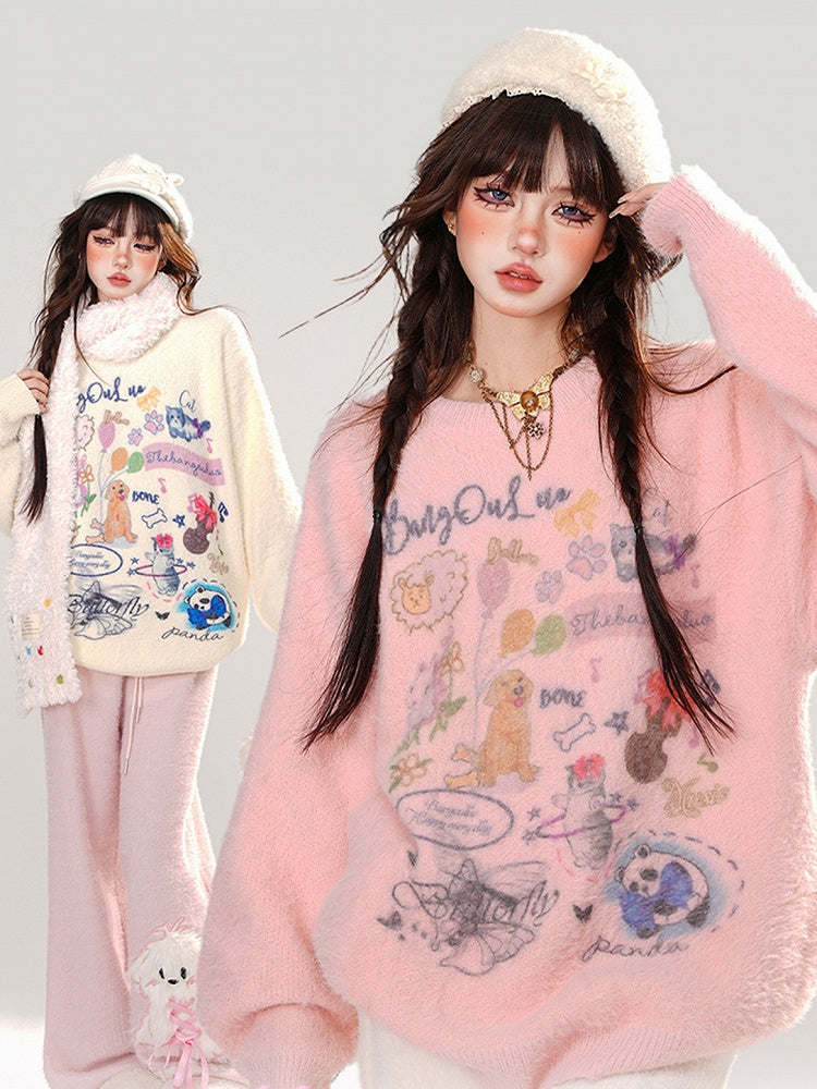 Apricot/Pink Cute Animal Patterns Mohair Loose Sweater