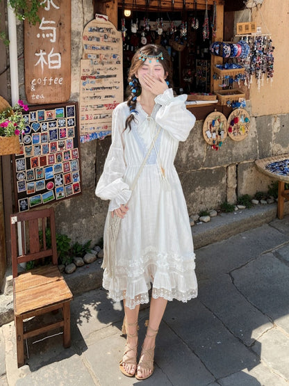 Version White V-Neck Lace Trim Dress with Tassel Drawstring Design Regular/Long