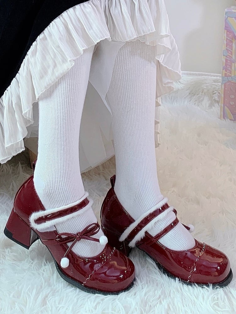 Lining Mary Bow - Sweet Pompom Lolita PU Plush with Wine Janes Mid-heel Accented Red