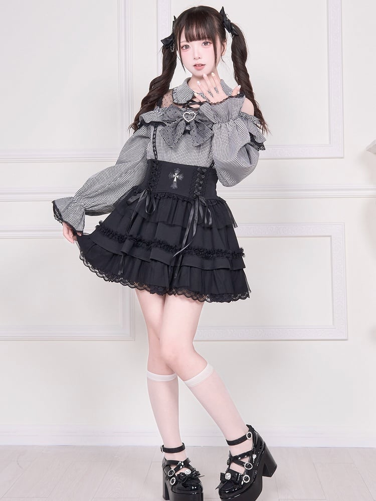 Jirai Kei – Langärmlige, karierte Bluse mit Illusionsausschnitt und ausgeschnittener Schulter