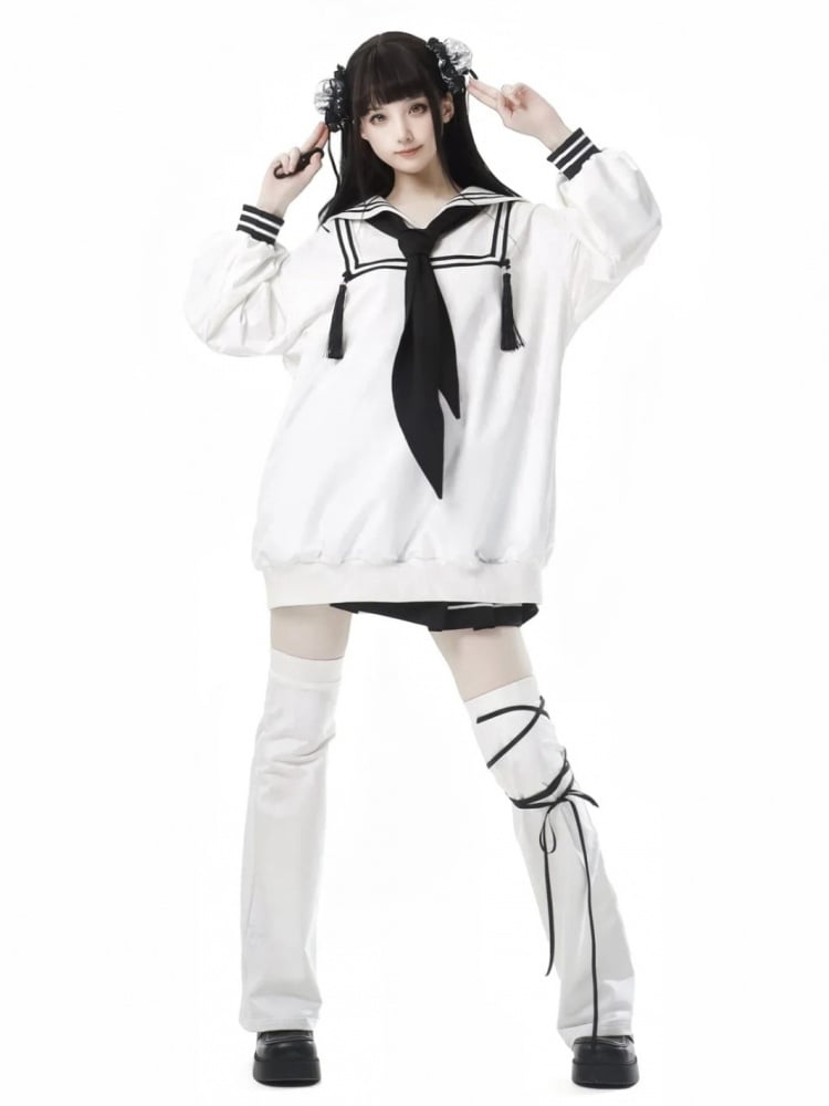 ホワイトセーラーカラープレッピースタイルスウェットシャツ