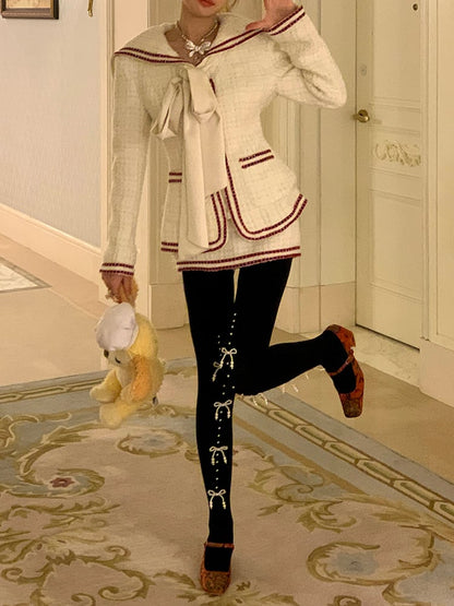 Bowknot Slim-Fit Beaded Tights with Warm Decoration 6 Colors