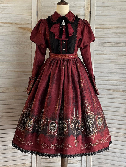 Red Dress with Lolita Wings Print Bat Gothic Candelabras Juliette Sleeves