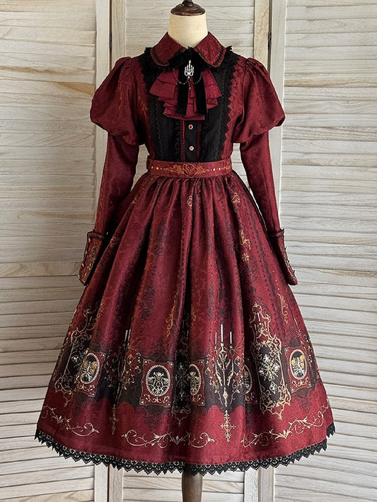Red Dress with Lolita Wings Print Bat Gothic Candelabras Juliette Sleeves