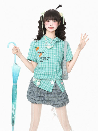 Green Asymmetrical Plaid Shirt with Orange Embroidery - Languid Park