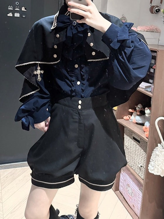 4-Piece Ouji Lolita Ensemble Blue & Black Vest Blouse Shorts Set - Castle Too