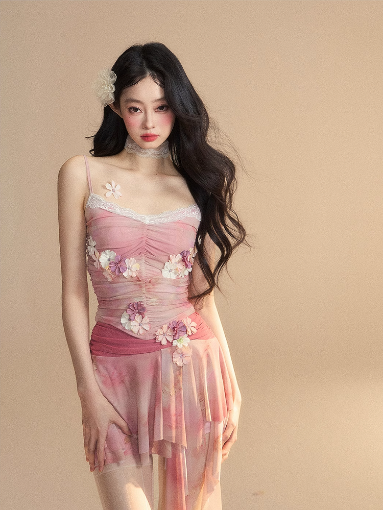 Top/Cherry Blossom Print Asymmetrical Hem Shorts Pink Cherry Blossom Embellished Cami