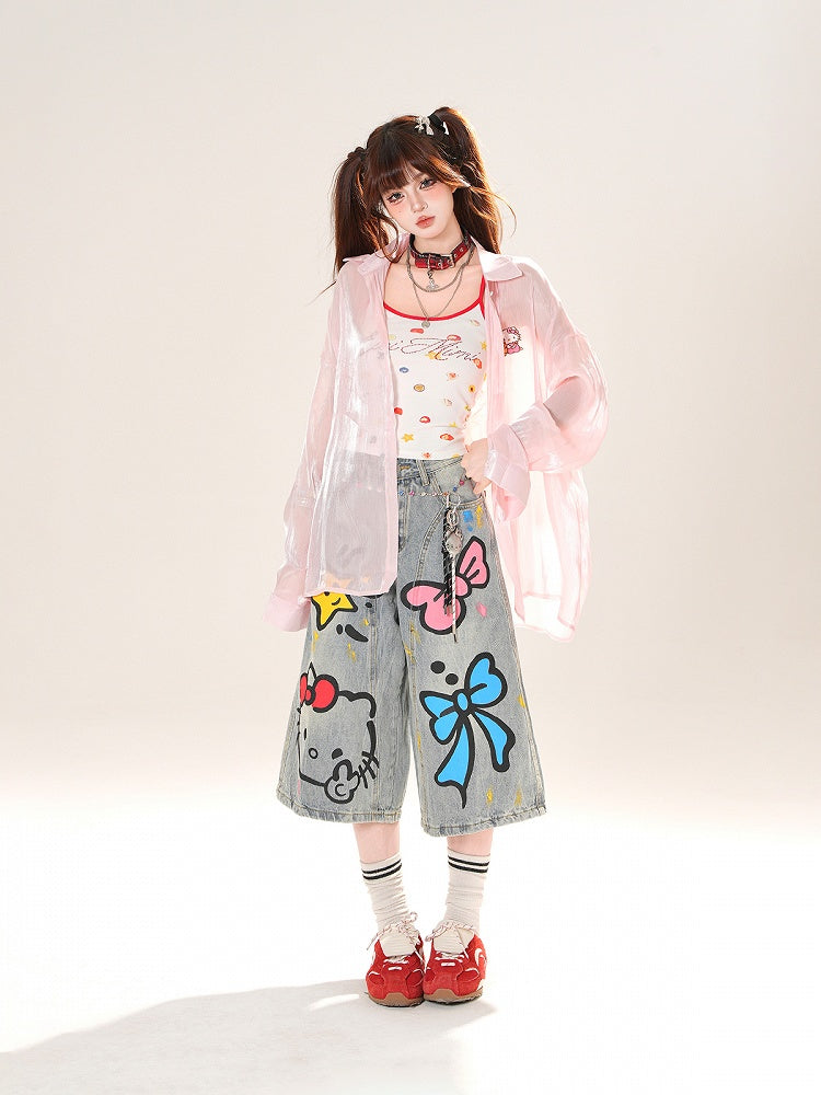 ハートピンク/アプリコットサンプロテクションシャツ フリルバックリボンディテール