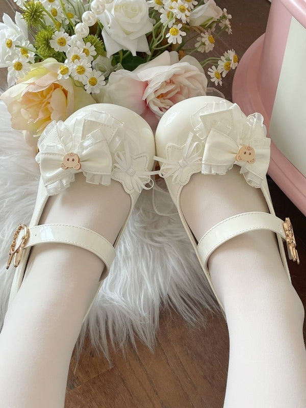 Lolita Round Heels PU Low with Sweet Toe Leather White